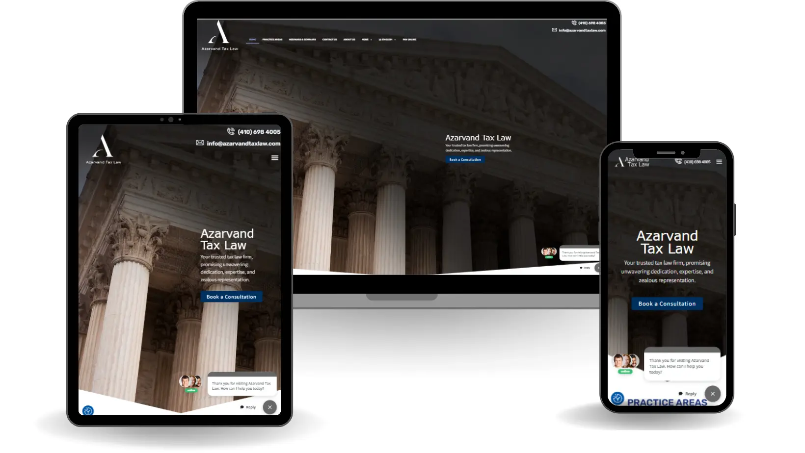 The Azarvand Tax Law site on desktop, tablet, and phone, showing a courthouse-column hero and a Book a Consultation button