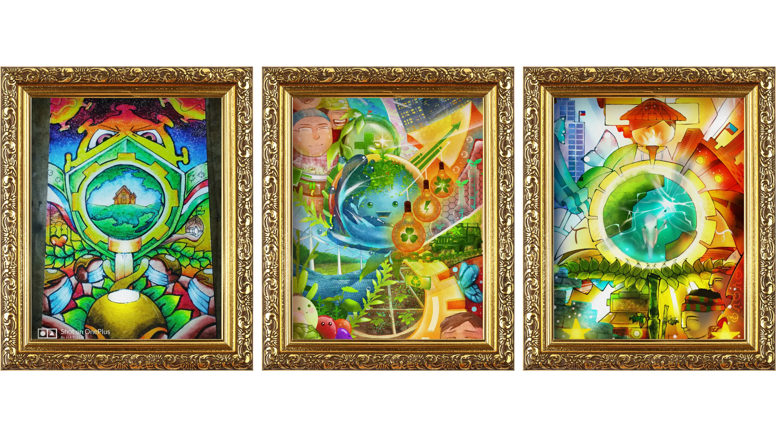 Three competition artworks in gold frames — colourful digital paintings on environmental and community themes