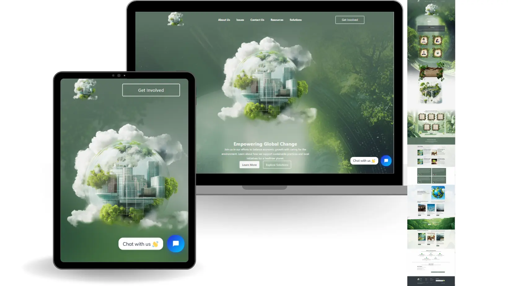 The EcoGlobal demo site on desktop and tablet, with an Empowering Global Change hero and a full-page scroll preview