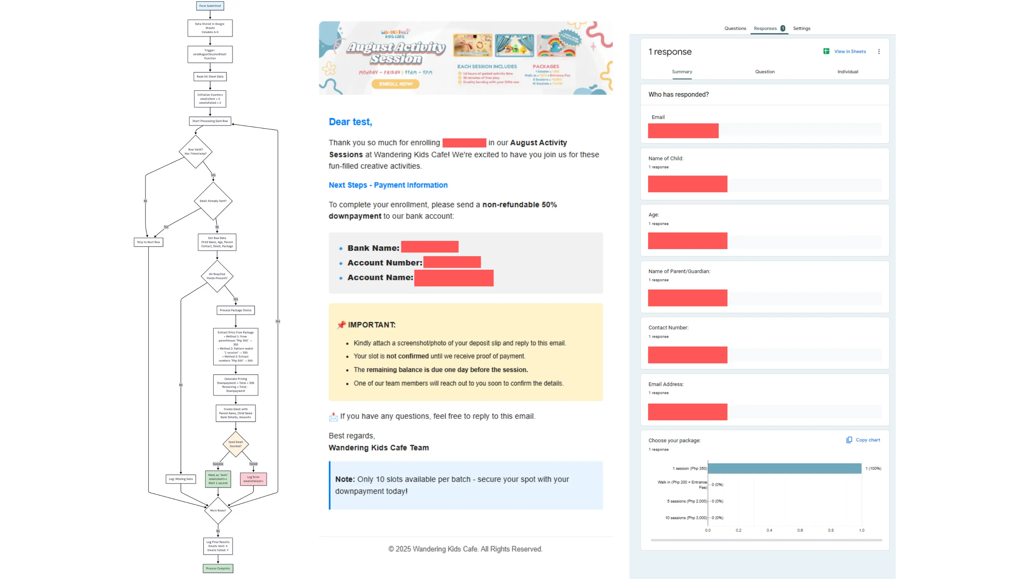 The email automation build: the workflow flowchart, a generated enrolment email, and the Google Forms responses it reads from