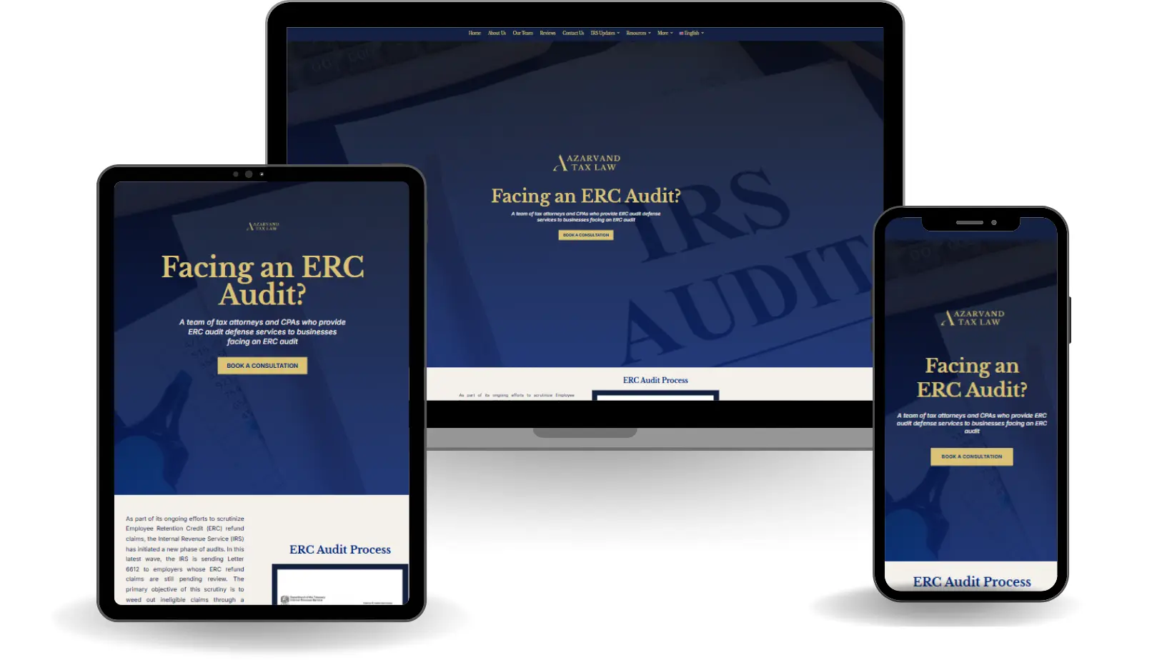 The Facing an ERC Audit landing page for Azarvand Tax Law on desktop, tablet, and phone, over an IRS audit paperwork backdrop