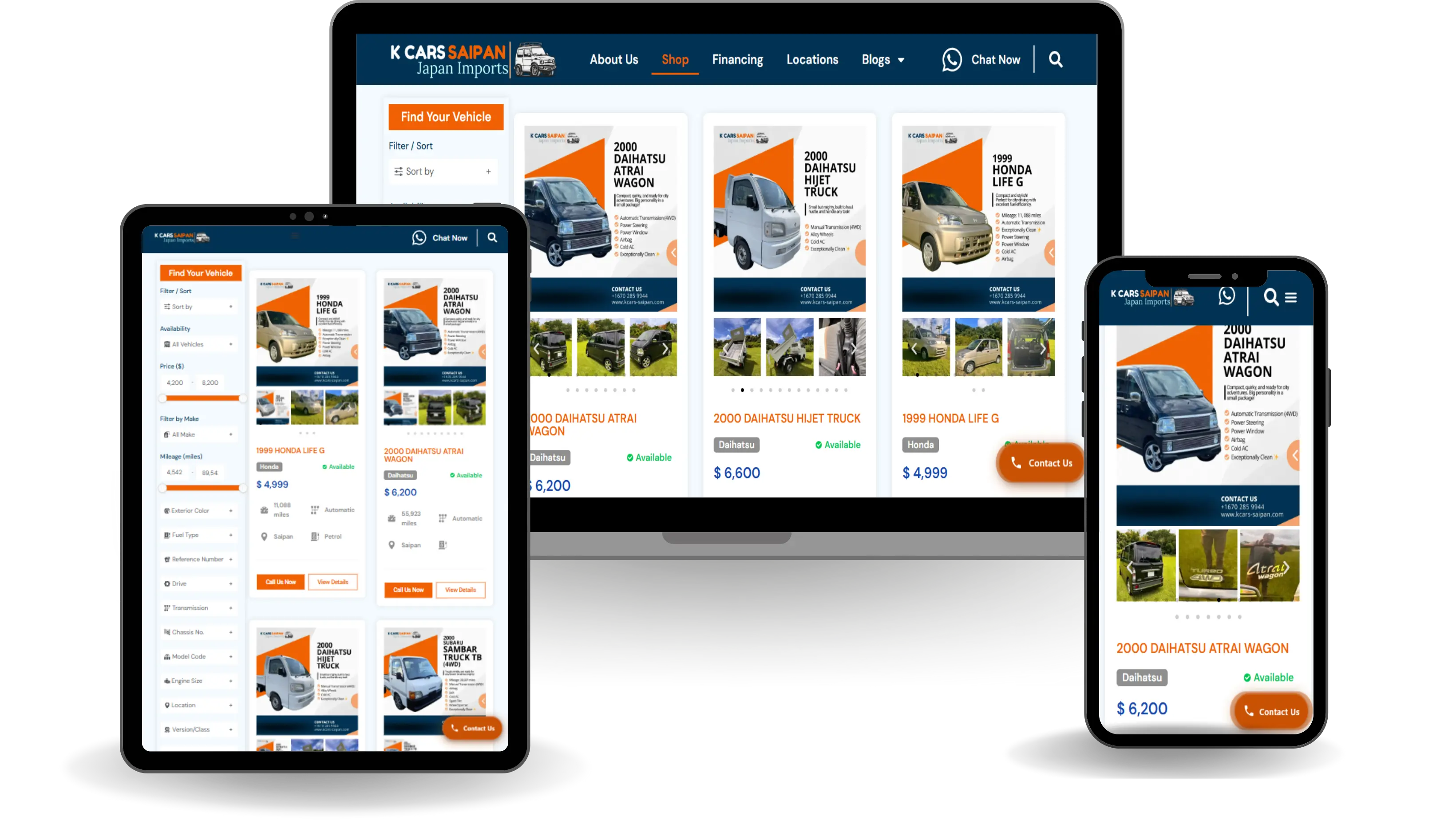 The K Cars Saipan storefront on desktop, tablet, and phone, showing filterable Japanese import listings with prices