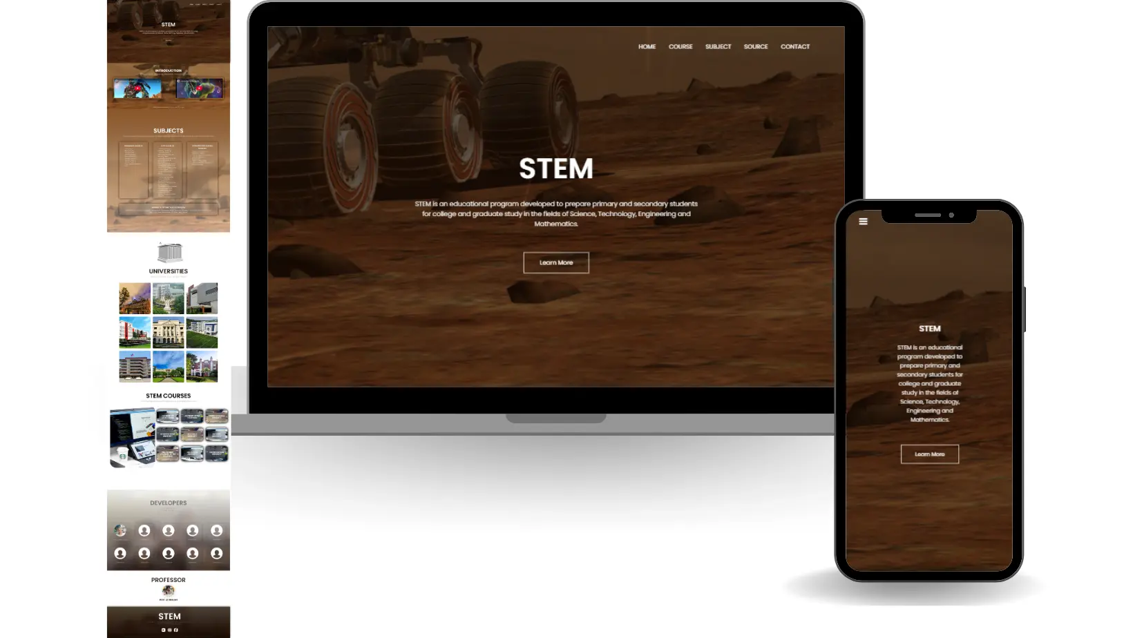 The STEM courses platform on desktop and phone, with a Mars rover hero and sections for subjects, universities, and courses