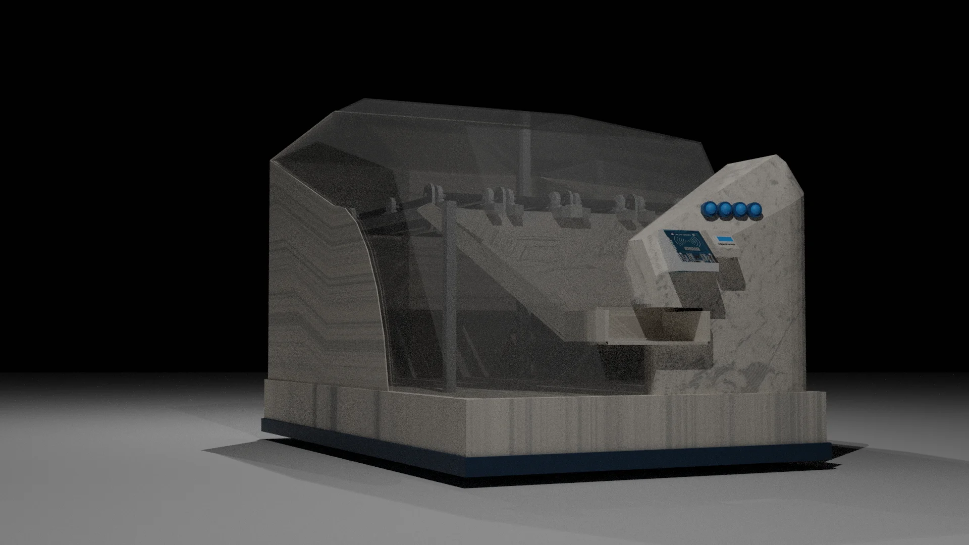 A 3D render of a vending machine with a glass housing, internal conveyor, and a control panel